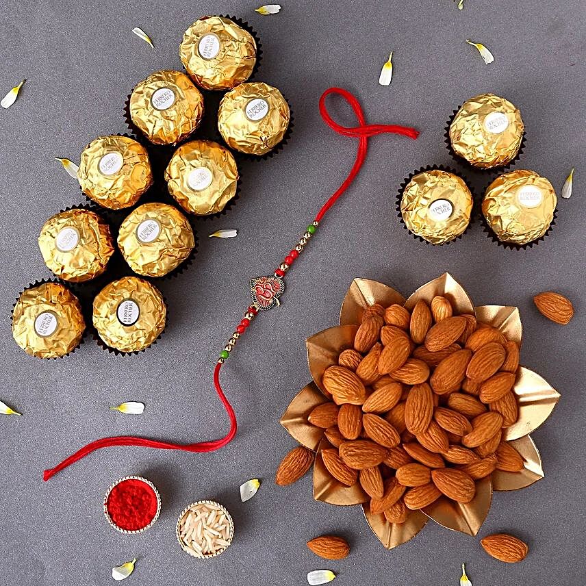 Sneh Leaf Rakhi With Almonds & Ferrero Rocher