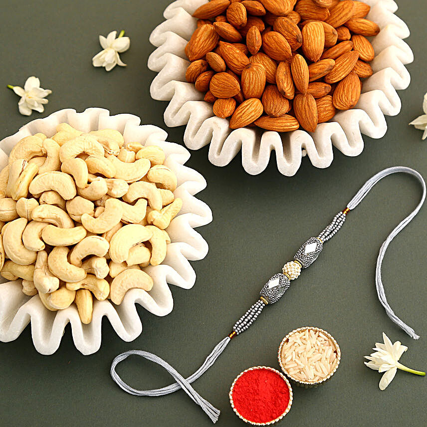 Sneh Shimmer Rakhi With Almonds & Cashews:Pearl Rakhi to Canada