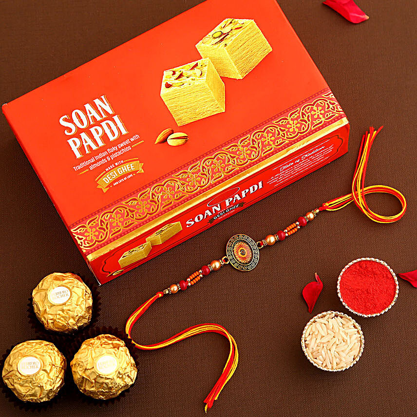 Sneh Sleek Rakhi With Soan Papdi & Ferrero Rocher:Designer Rakhi to Canada