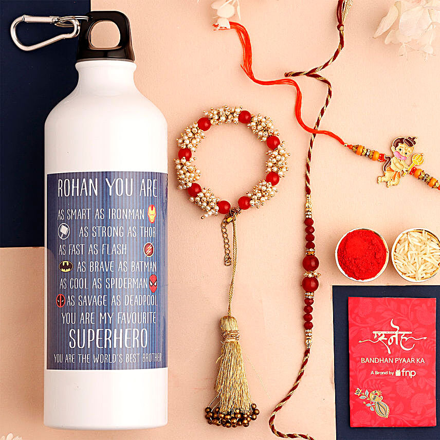 Sneh Delightful Family Rakhi Set & Personalised Water Bottle