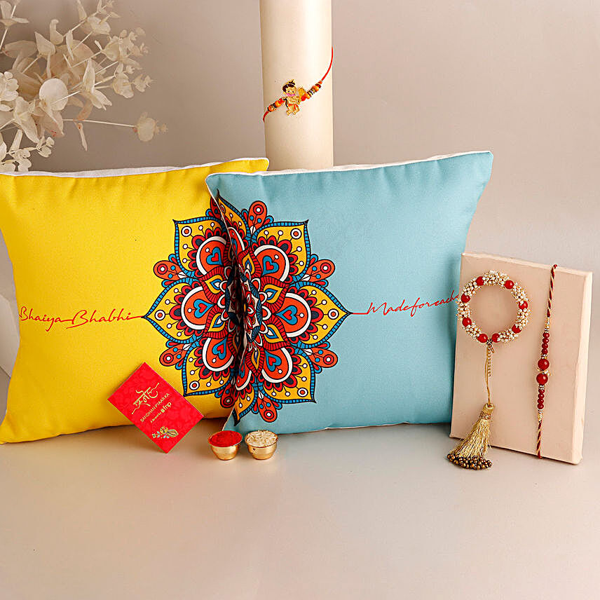 Sneh Delightful Family Rakhi Set & Rangoli Design Cushions