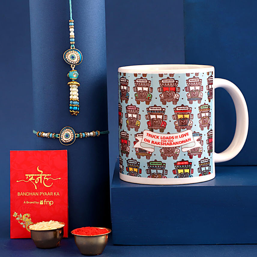 Sneh Evil Eye Bhaiya Bhabhi Rakhi Set & Truck Load Love Mug:Rakhi With Personalised Gifts to Canada