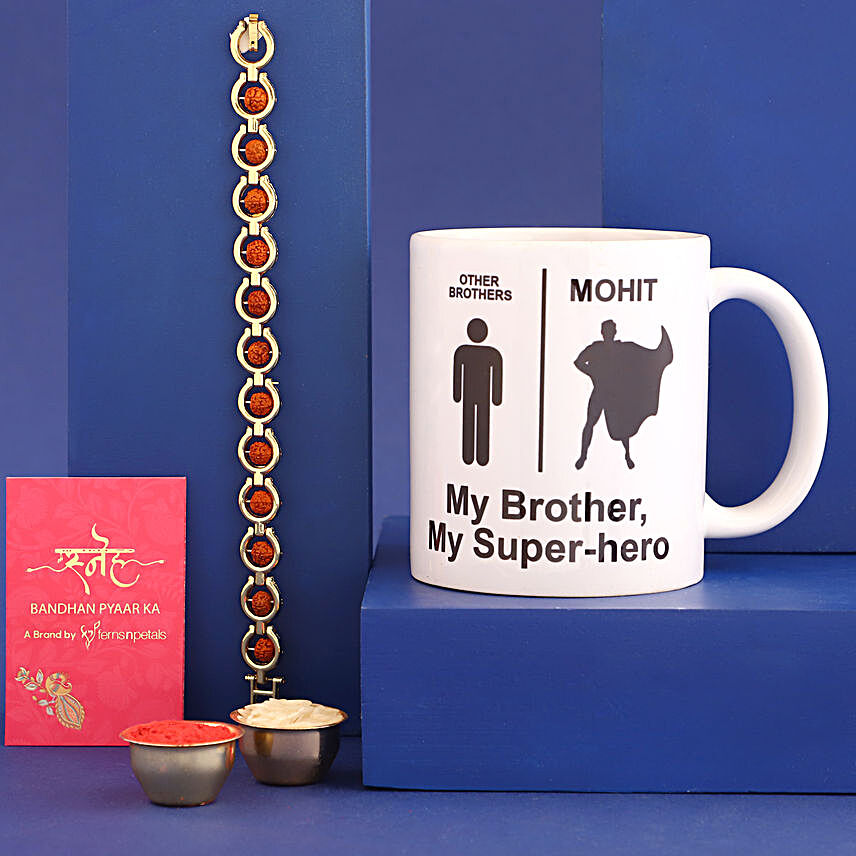 Sneh Rudraksha Bracelet Rakhi & Personalised Name Mug:Bracelet Rakhi to Canada