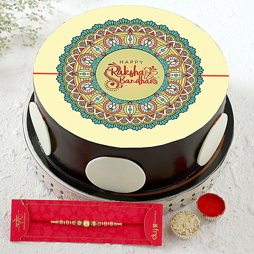 Sneh Rose Gold Pearl & Beads Rakhi With Photo Cake