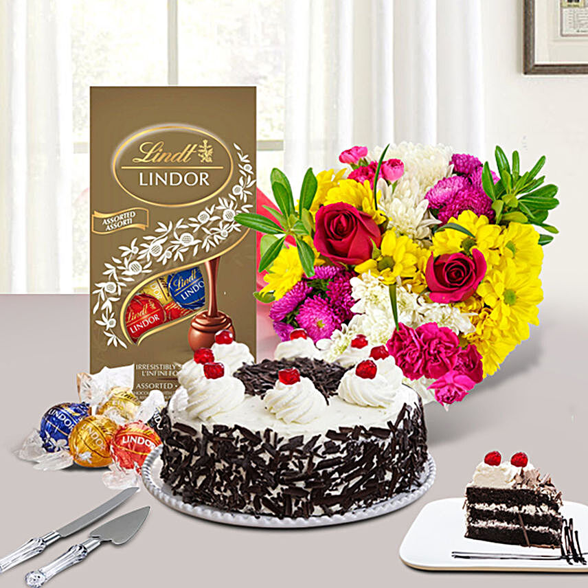 Flowers And Black Forest Cake Sweet Combo