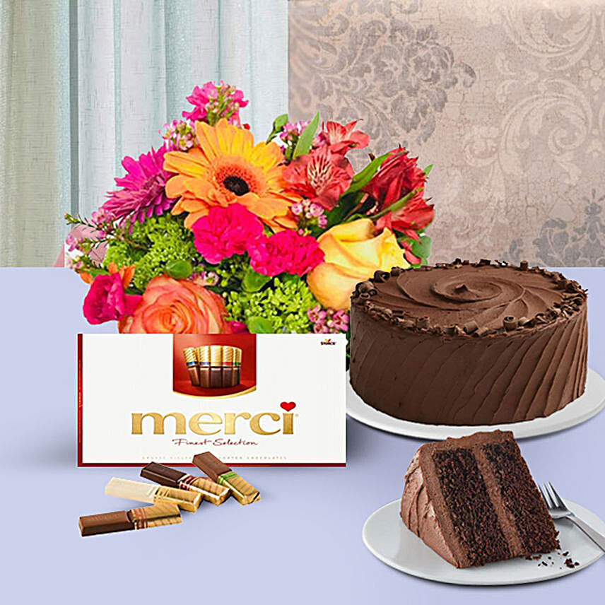 Flowers And Chocolate Cake Sweet Combo