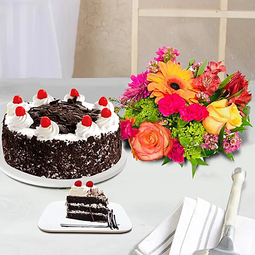 Mixed Flowers And Black Forest Cake