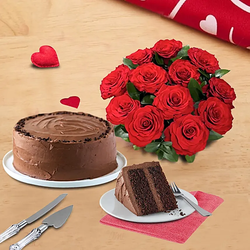 Red Roses Bouquet And Chocolate Cake:Flowers and Cakes in Canada