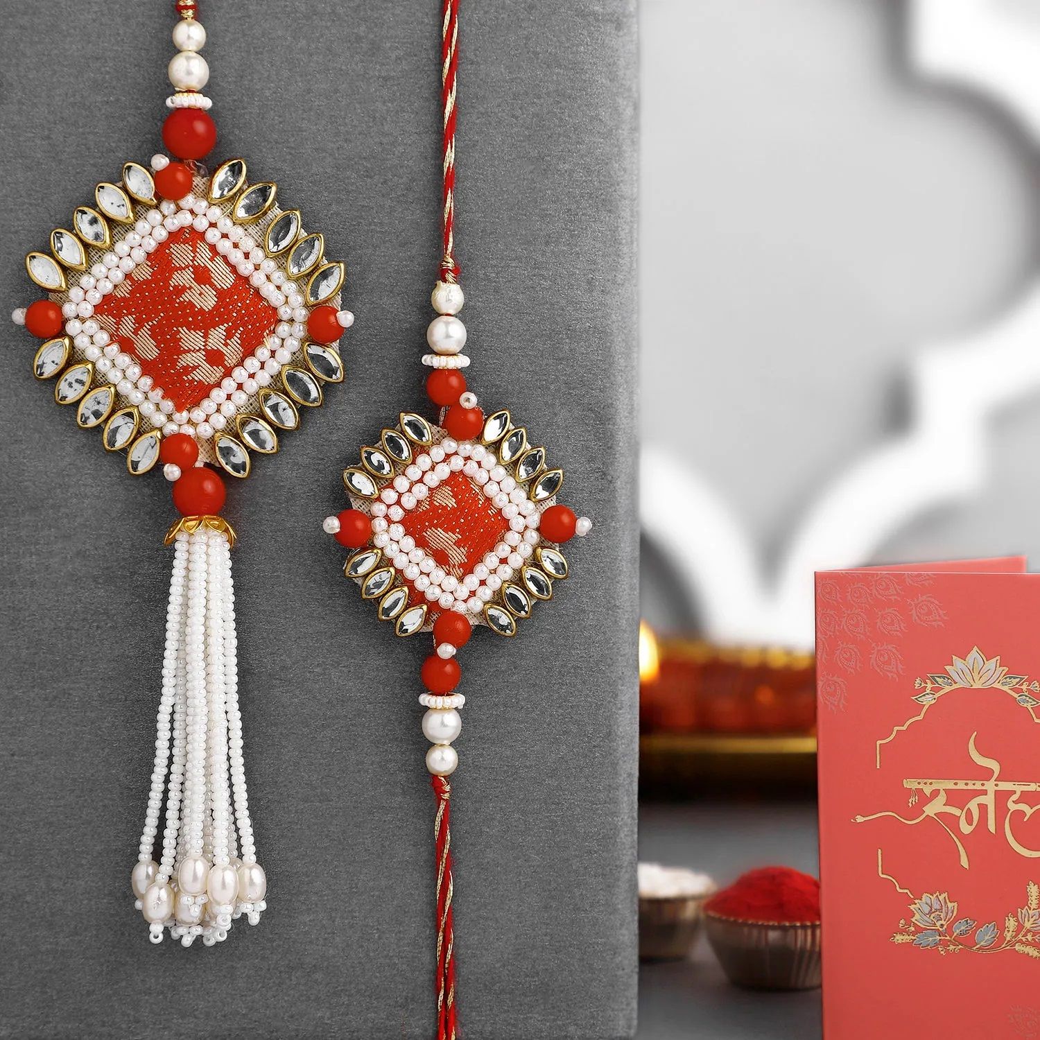 CraftVatika Rakhi Combo Set For Brother And Bhabhi Premium Lumba Floral Rakhi Kundan Bracelet For Bhaiya Men Bhabhi Women Raksha Bandhan Couple Pearl Set Of 2 For Unisex Adult