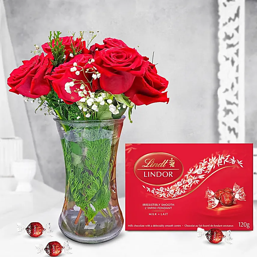 Romantic Red Roses Bouquet And Lindt Chocolates