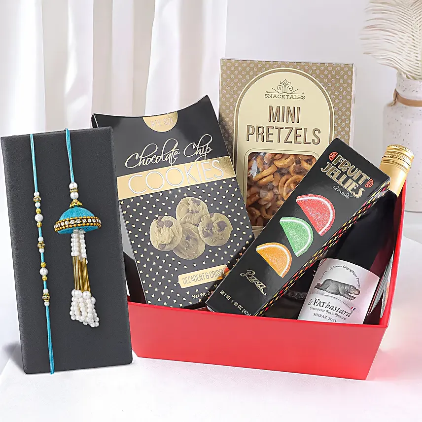 Gourmet Rakhi Hamper with Wine Cookies and Pearl Rakhi