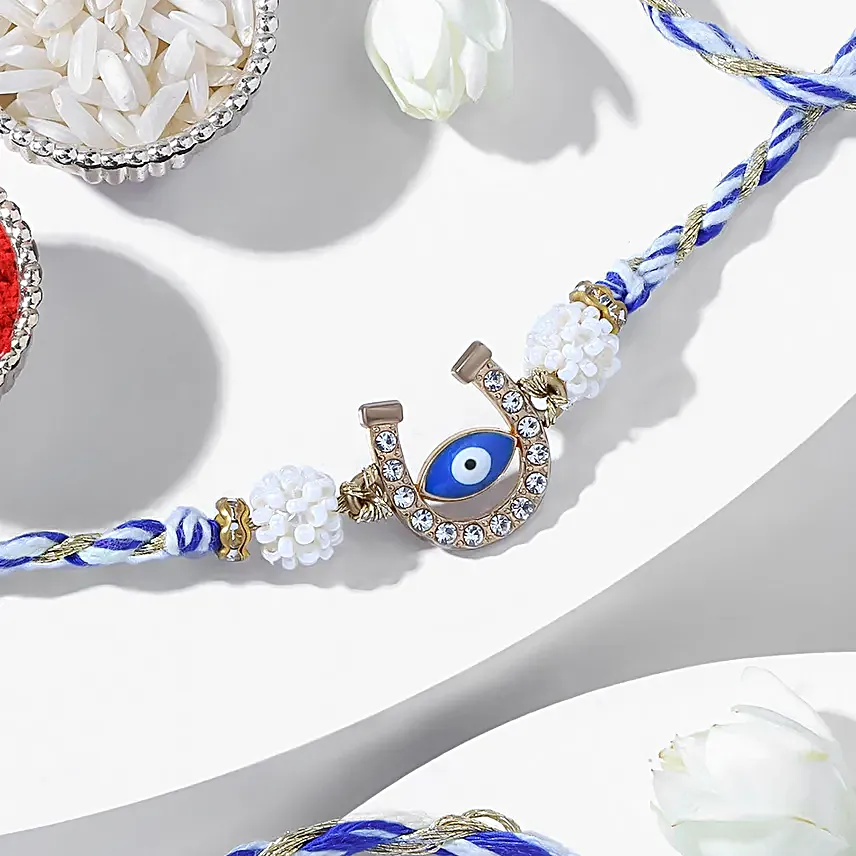 Evil Eye Rakhi Gift Box with Nuts and Besan Ladoo