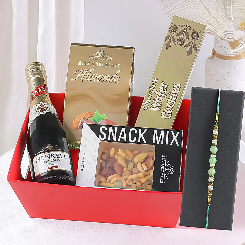 Rakhi Snack Hamper with Ethnic Pearl Rakhi and Wine