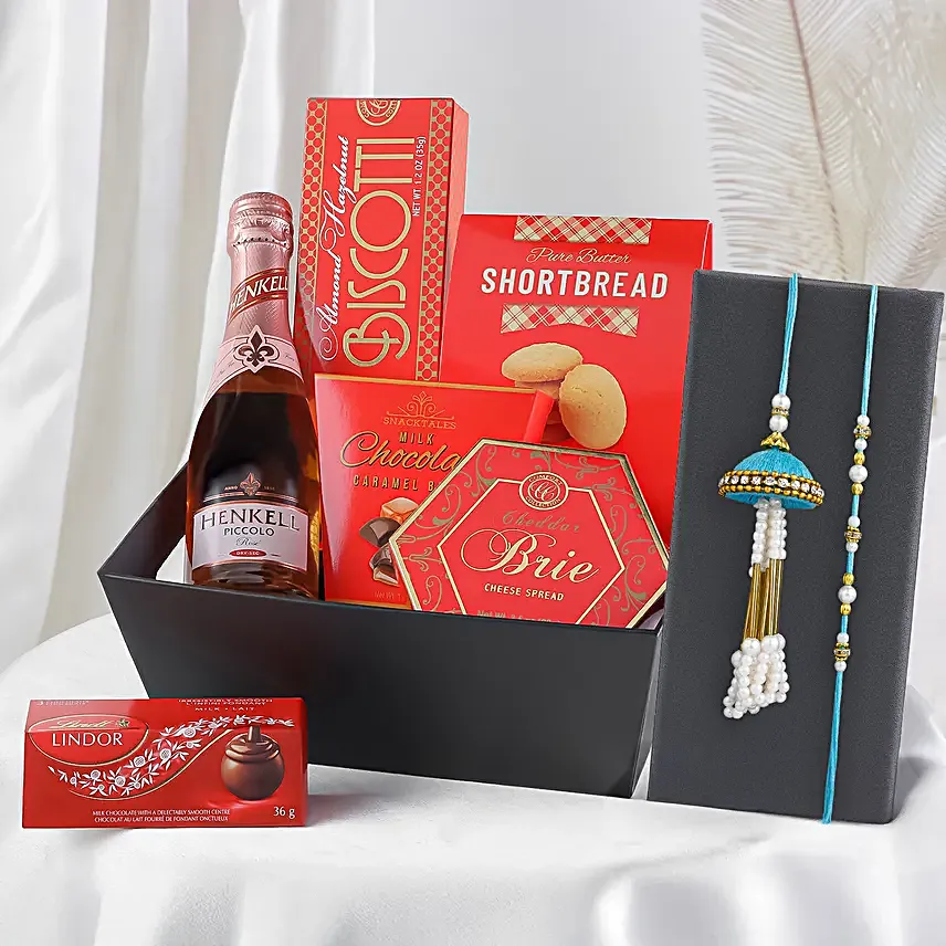 Premium Rakhi Hamper with Wine Sweets and Pearl Rakhi