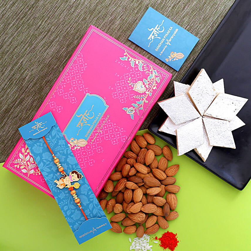 Bal Hanuman Rakhi And Almonds With Kaju Katli