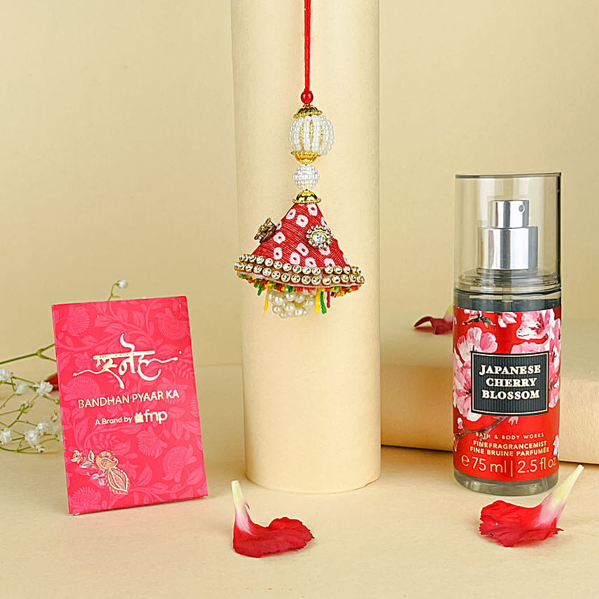 Bandhani Style Lumba Rakhi N Cherry Blossom Spray