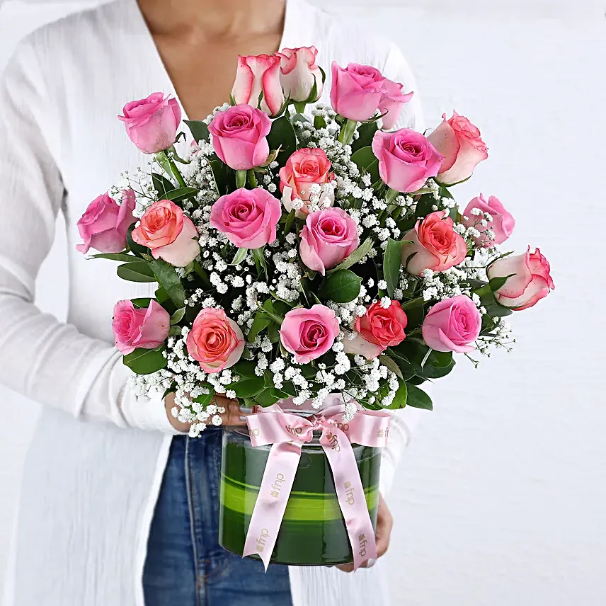 Beautiful Pink Roses Glass Vase Arrangement