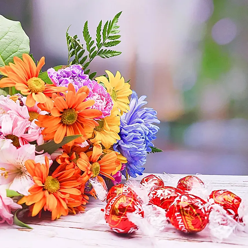 Blooming Mixed Flowers Bouquet And Lindt Chocolate