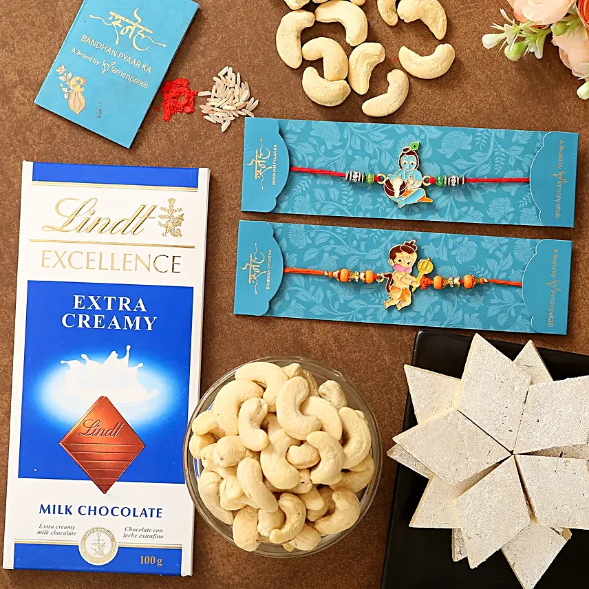 Devotional Kids Rakhi Set Sweet Hamper