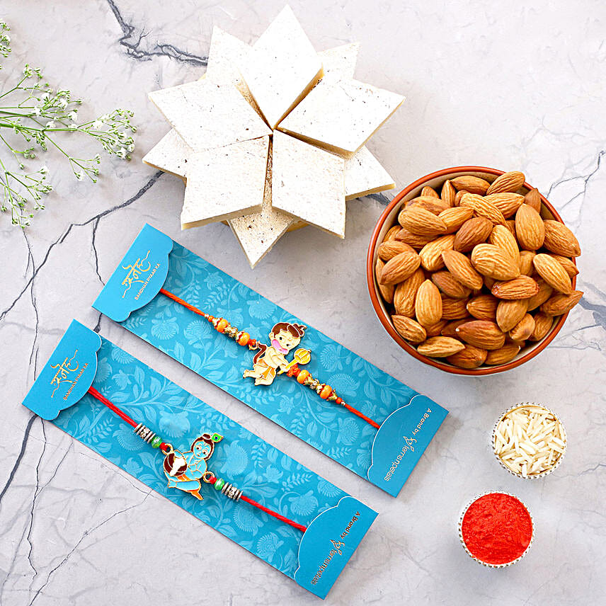 Devotional Kids Rakhis With Kaju Katli And Almonds