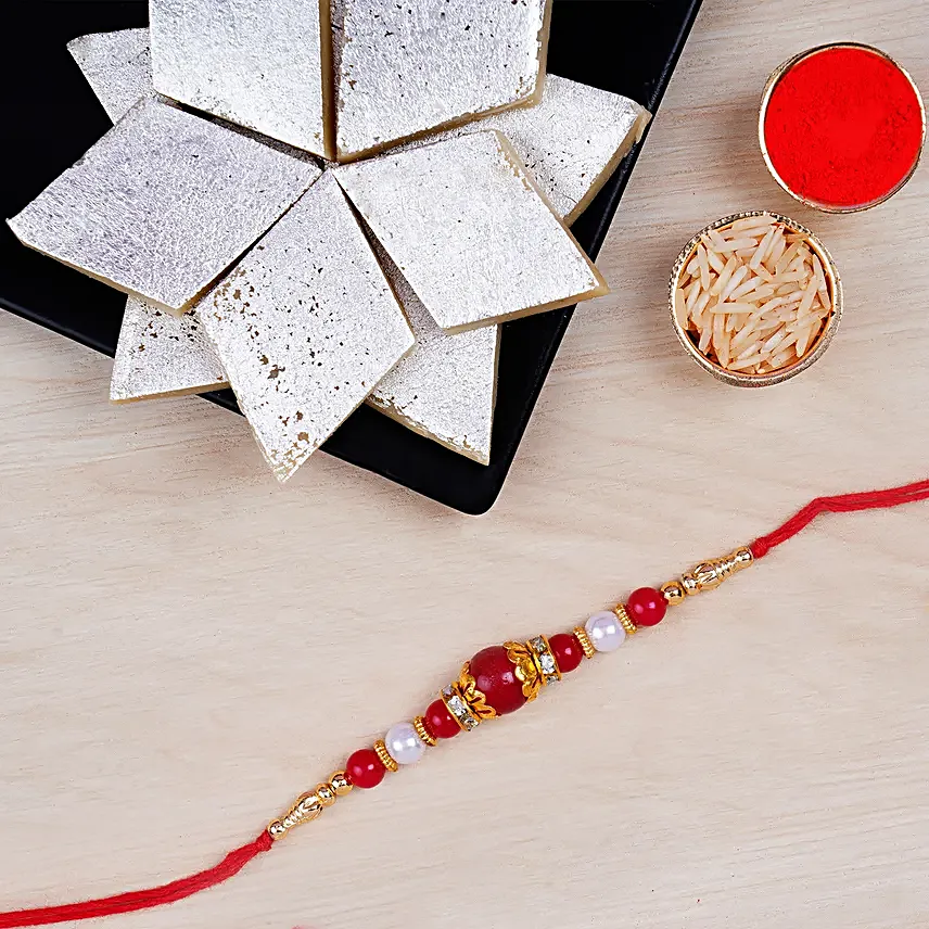 Elegant Pearl Thread Rakhi And Kaju Katli