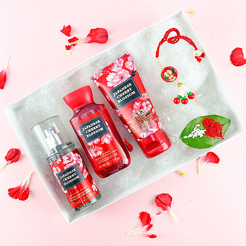 Folk Style Lumba Rakhi N Cherry Blossom Bodycare Kit