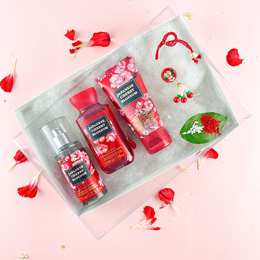 Folk Style Lumba Rakhi N Cherry Blossom Bodycare Kit