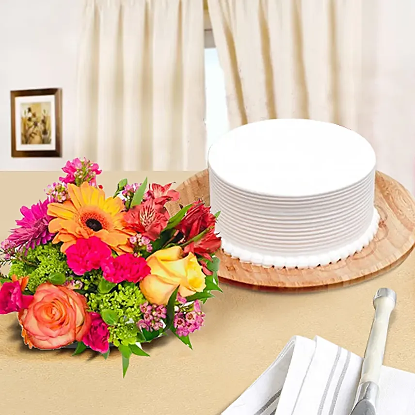 Mixed Flowers And Vanilla Cake