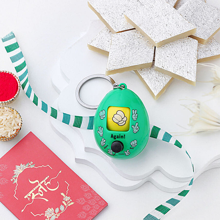Playful Rock Paper Scissors Toy Rakhi N Kaju Katli Delight