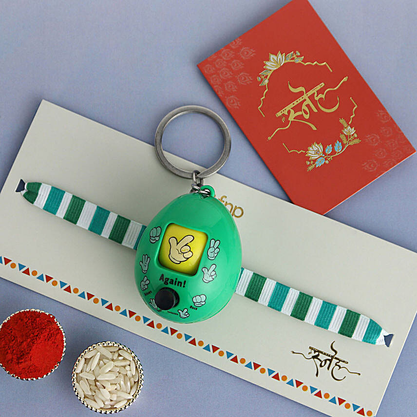 Playful Rock Paper Scissors Toy Rakhi N Kaju Katli Delight