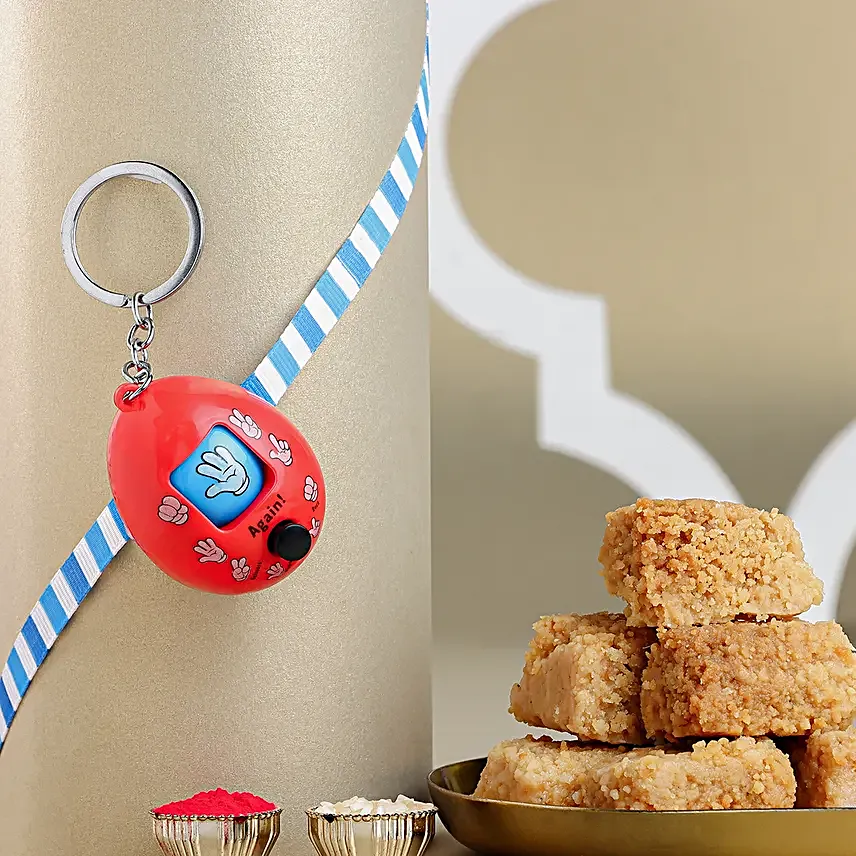 Playful Rock Paper Scissors Toy Rakhi N Milk Cake Bliss