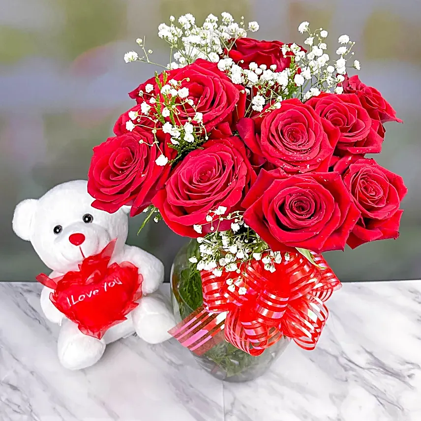 Ravishing Red Roses Bunch With Cute Teddy