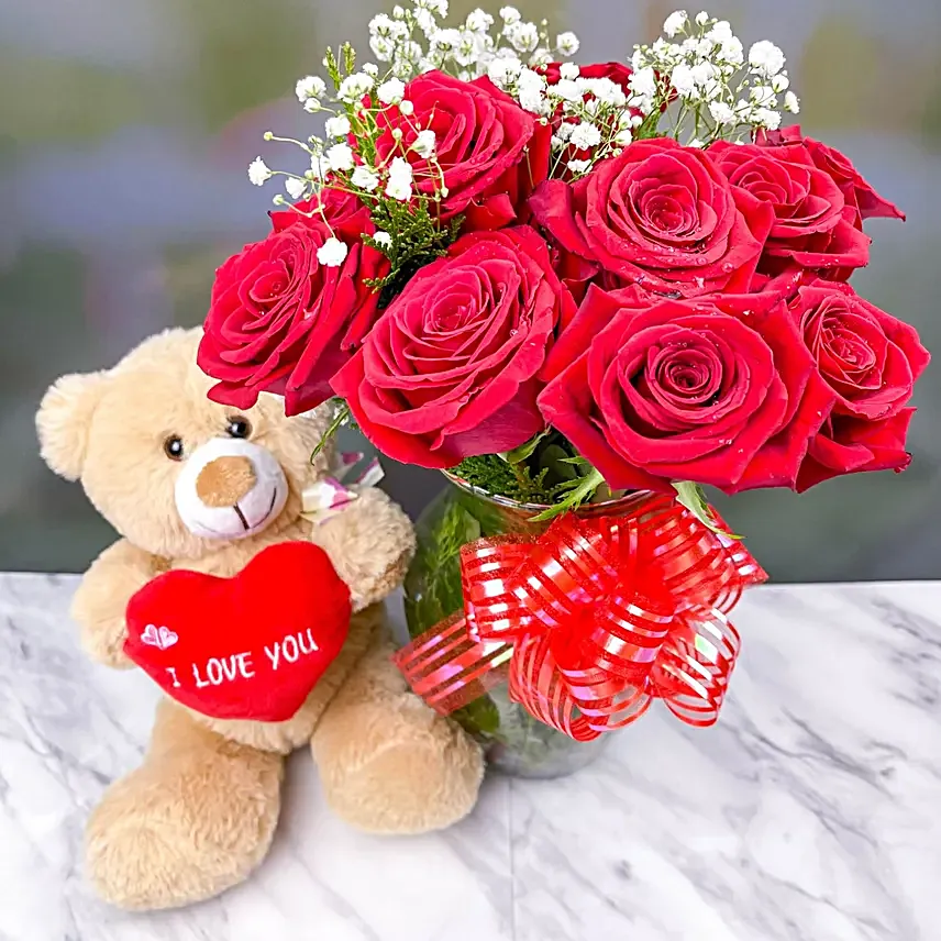 Ravishing Red Roses Bunch With Teddy