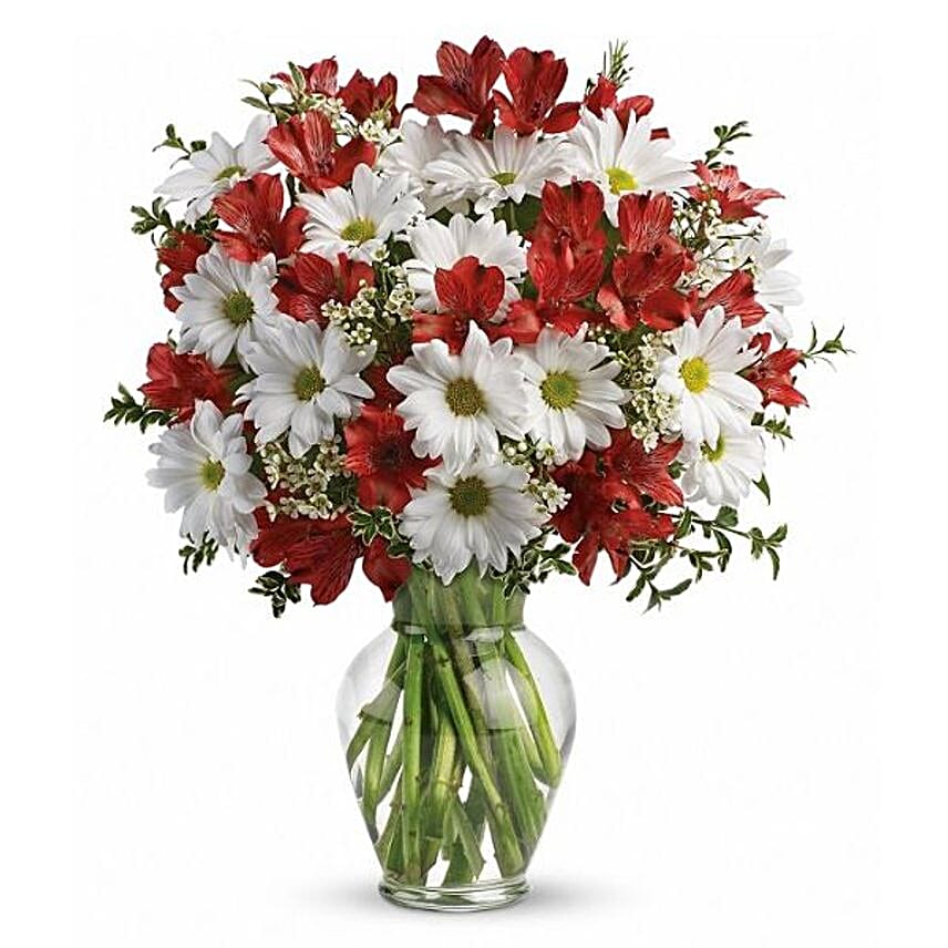 Red Alstroemeria And White Chrysanthemums Bouquet
