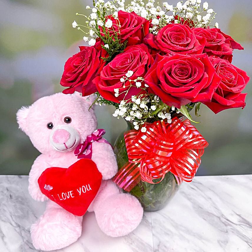 Red Roses Bunch With Adorable Teddy