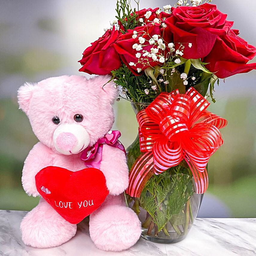 Red Roses Bunch With Adorable Teddy