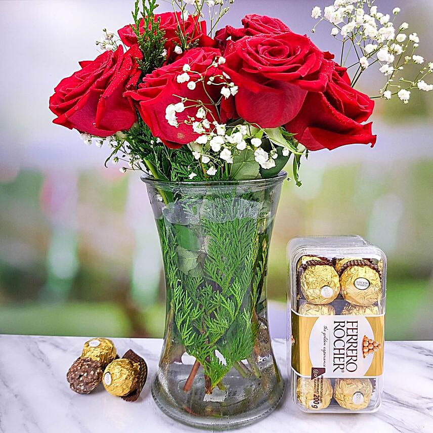 Romantic Red Roses Bouquet And Ferrero Rocher