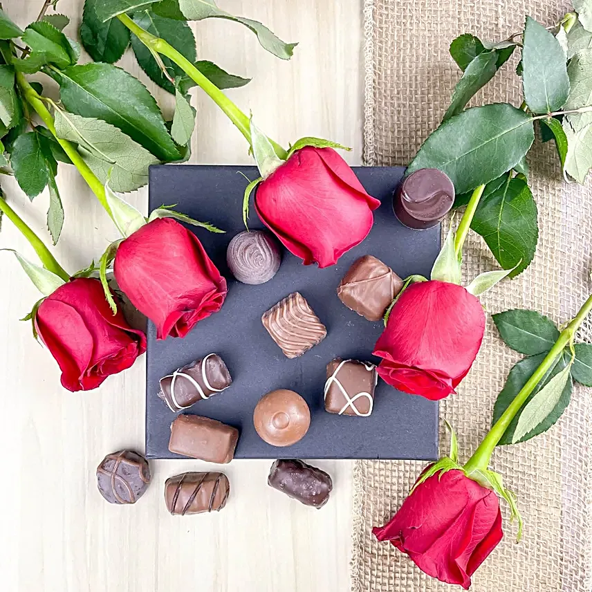 Romantic Red Roses Bouquet And Maitre Assorted Chocolates