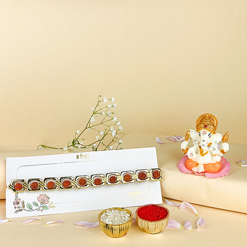 Rudraksha Embellished Rakhi N Ganesha Blessings Idol