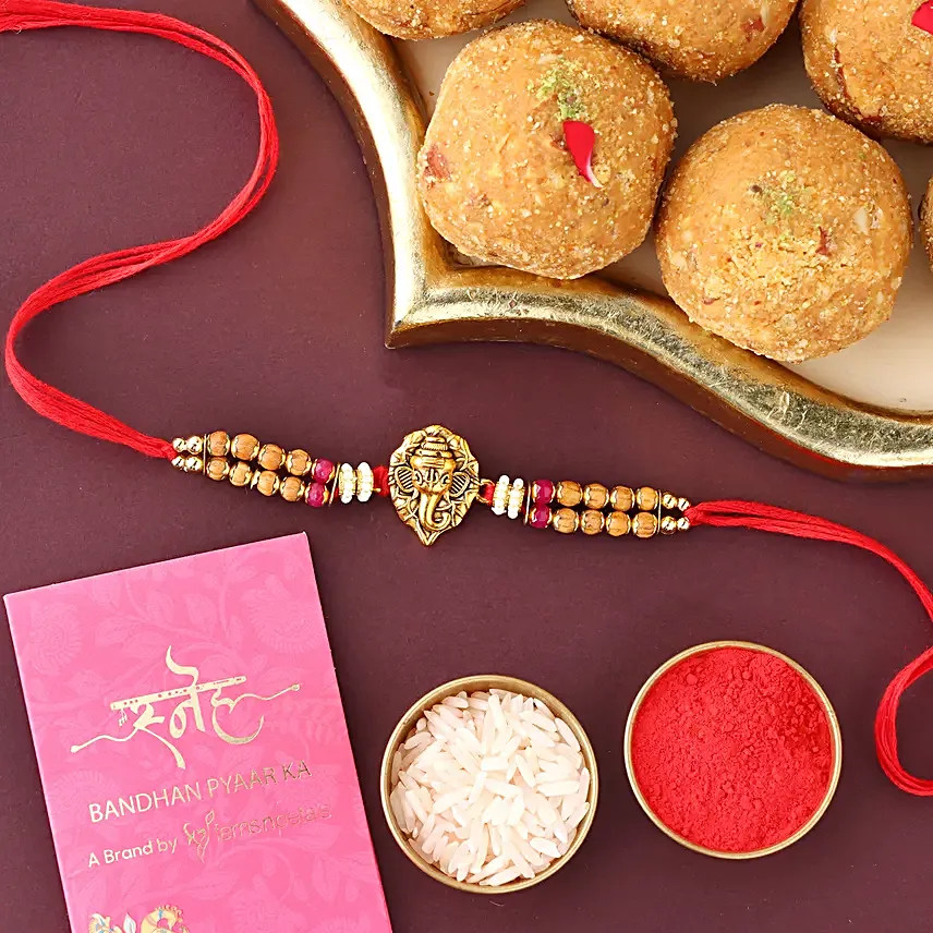 Sneh Ganesha Beads Rakhi N Besan Laddoo Combo