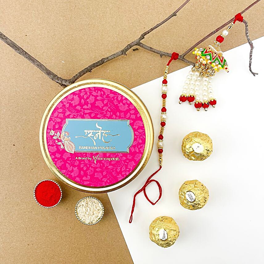Sneh Pearly Bhaiya Bhabhi Rakhi Set N Ferrero Rochers