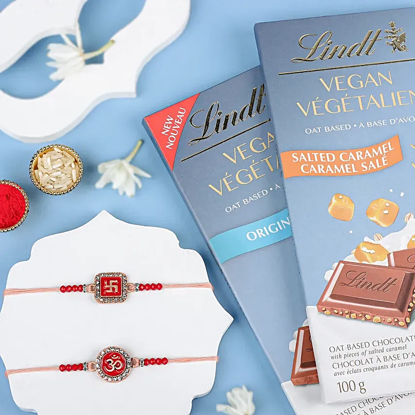 Swastika N Om Rakhi Set With Lindt Vegan Chocolates
