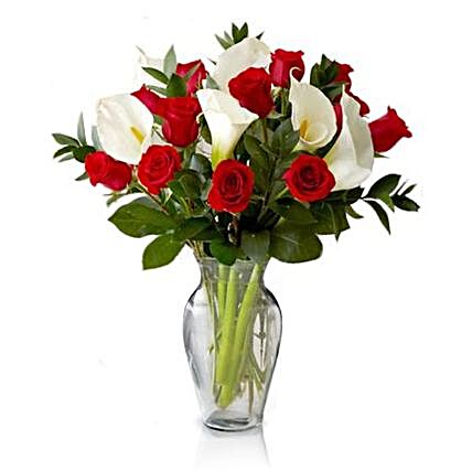 Blissful Red Roses And White Lilies Vase:Lilies