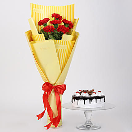 6 Red Carnations And Black Forest Cake