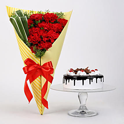 12 Red Carnations And Black Forest Cake:Gifts for Mother in Canada