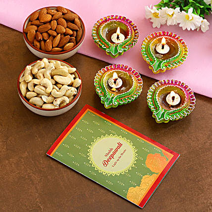 Floral Diyas With Greeting Card And Dry Fruits:Diwali Dry Fruits
