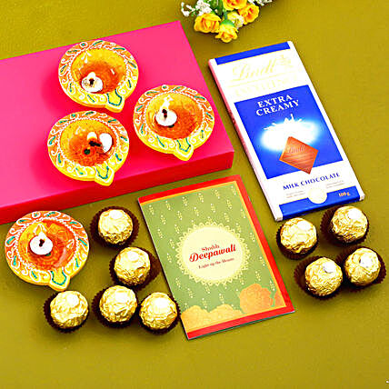 Happy Diwali Diyas With Greeting Card & Chocolates