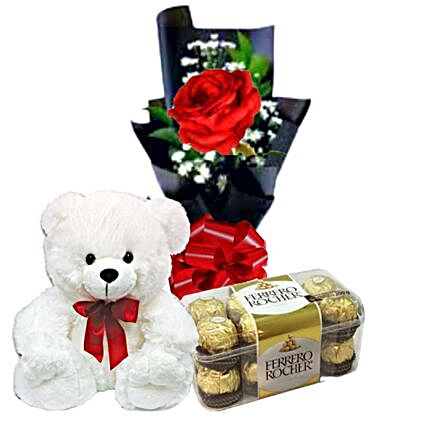 Red Rose With Ferrero Rocher And Teddy Bear