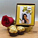 Photo Keychain With Rose And Chocolates