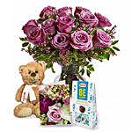 Lavender Roses with Teddy N Chocolate